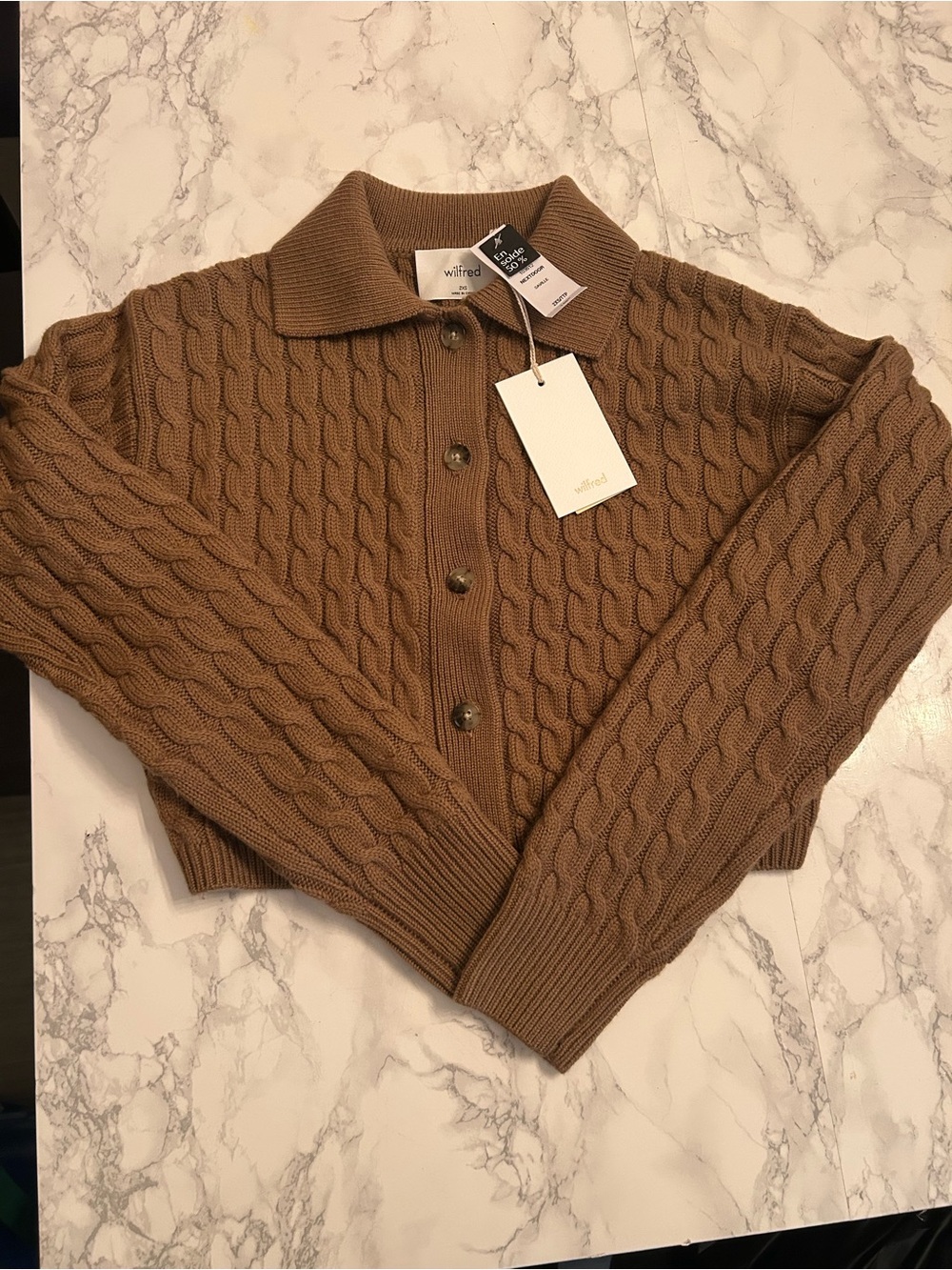 Aritzia Wilfred Cable-Knit Button Polo Cardigan - Brown